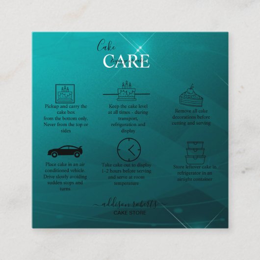 Modern Professional Turquoise Cake Care Vierkante Visitekaartje (Voorkant)