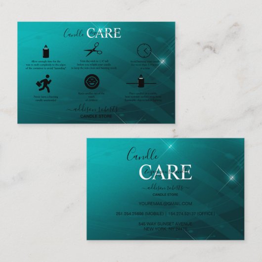 Modern Professional Turquoise Candle Care Visitekaartje (Voorkant / Achterkant)