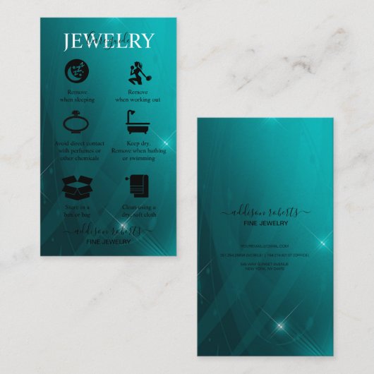 Modern Professional Turquoise Jewelry Care Visitekaartje (Voorkant / Achterkant)