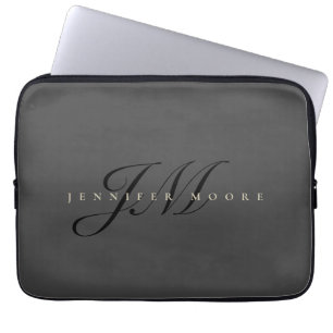 Modern Professioneel Elegant Goud en Grijs Monogra Laptop Sleeve