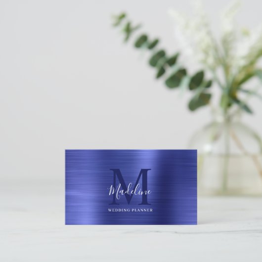 Modern professioneel geborsteld metallisch blauw m visitekaartje (Staand voorkant)