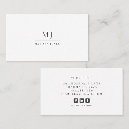 Modern Professioneel Minimalistisch Monogram Wit Visitekaartje (Voorkant / Achterkant)