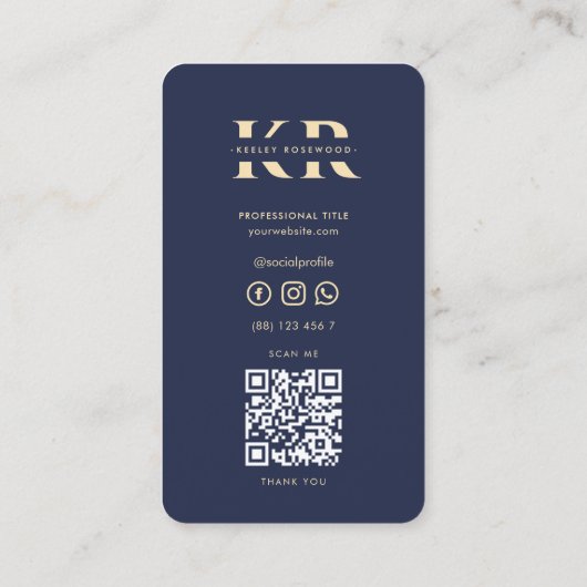 Modern Professioneel Monogram Elegant Donkerblauw Visitekaartje (Achterkant)