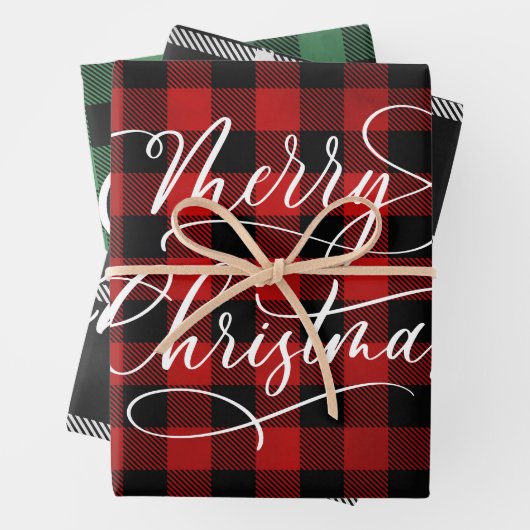 Modern Pset Gingham Merry Kerstfeestdag Inpakpapier Vel (In situ)