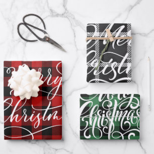 Modern Pset Gingham Merry Kerstfeestdag Inpakpapier Vel