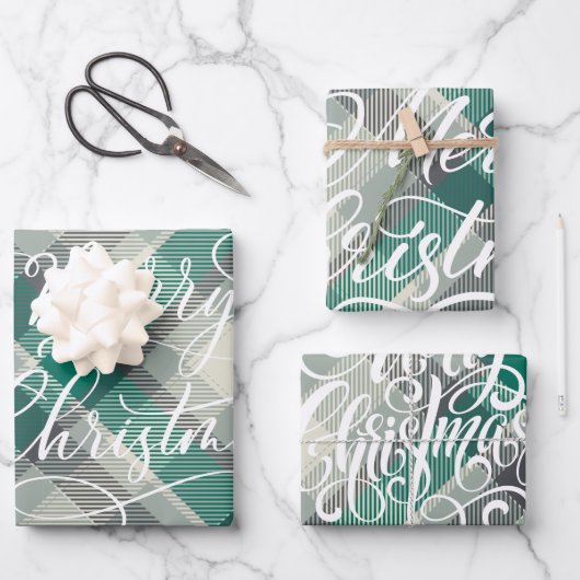 Modern Pset Gingham Merry Kerstfeestdag Inpakpapier Vel (Voorkant)