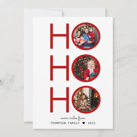 Modern Pset Red Ho Ho Ho 3 Photo Holiday Card Feestdagenkaart (Voorkant)