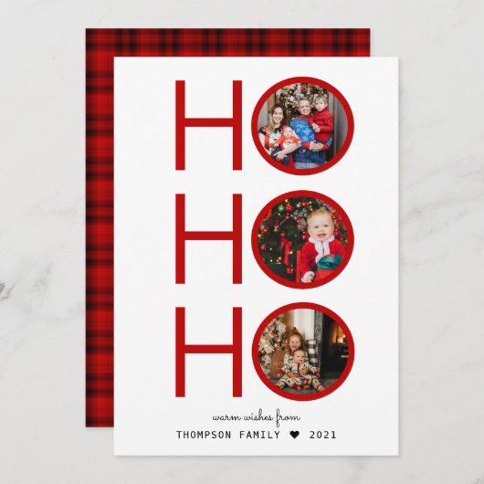 Modern Pset Red Ho Ho Ho 3 Photo Holiday Card Feestdagenkaart (Voorkant / Achterkant)