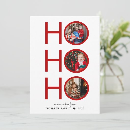 Modern Pset Red Ho Ho Ho 3 Photo Holiday Card Feestdagenkaart (Staand voorkant)