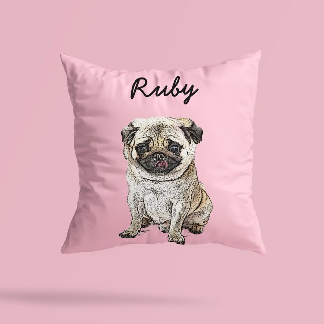 Modern Pug Dog Illustration | Add Name  Kussen (Creator heeft geüpload)
