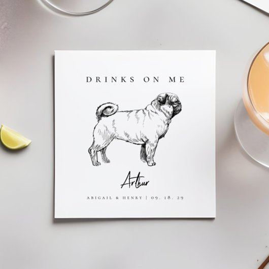 Modern Pug Dog Sketch Drinken op Me Pet Wedding Servet