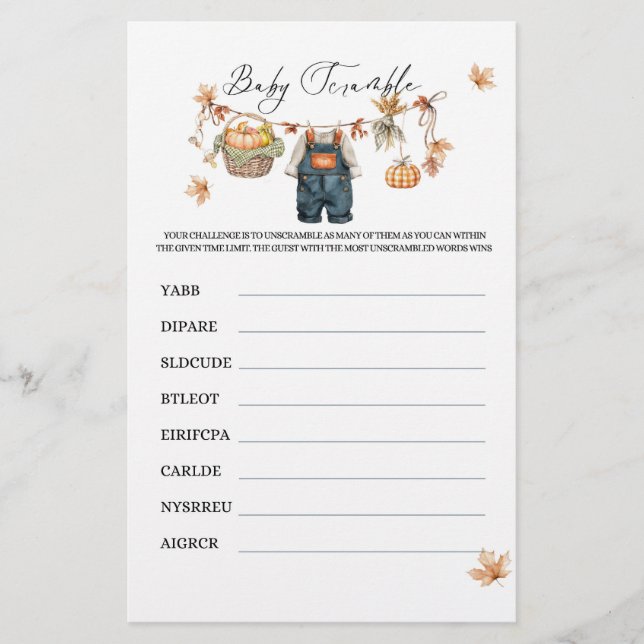 Modern Pumpkin Herfst Baby shower Scramble Game (Voorkant)