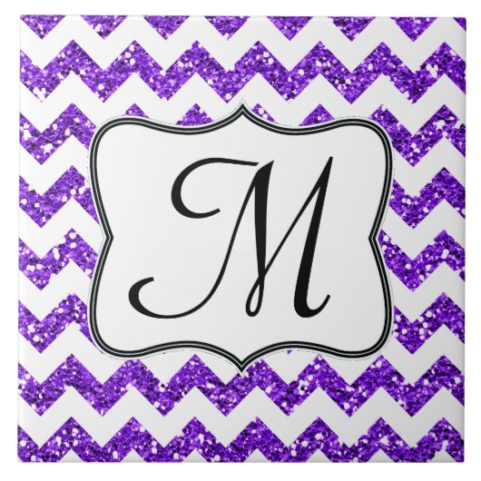 Modern Purpl Glitter Chevron Monogram Tegeltje (Voorkant)