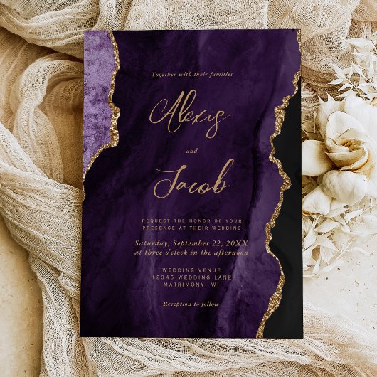 Modern Purple Agate Chic Script Wedding Kaart