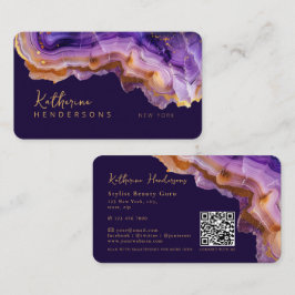 Modern Purple Agate & gold glitter marble QR Code Visitekaartje