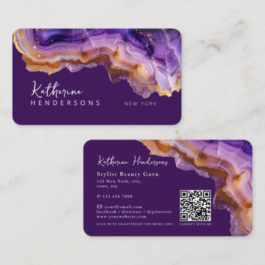Modern Purple Agate & gold glitter marble QR Code Visitekaartje (Voorkant / Achterkant)