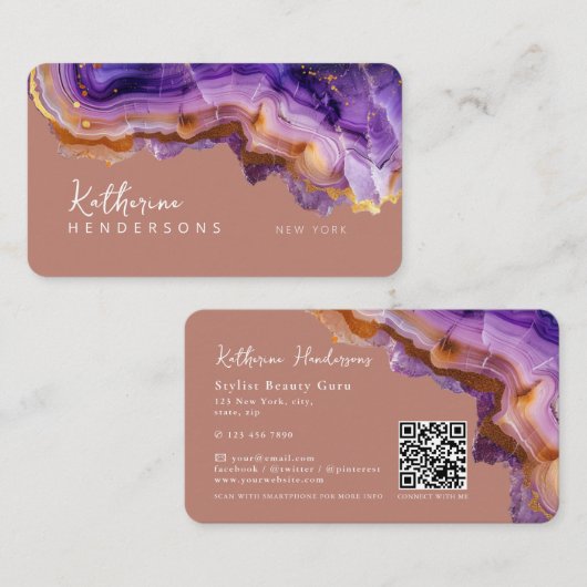 Modern Purple Agate & gold glitter marble QR Code Visitekaartje (Voorkant / Achterkant)