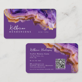 Modern Purple Agate & gold glitter marble QR Code Visitekaartje