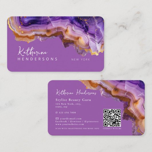 Modern Purple Agate & gold glitter marble QR Code Visitekaartje (Voorkant / Achterkant)