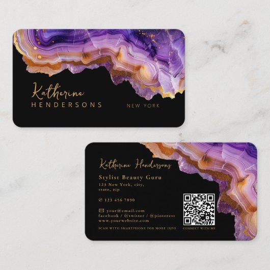 Modern Purple Agate & gold glitter marble QR Code Visitekaartje (Voorkant / Achterkant)