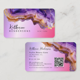 Modern Purple Agate & gold glitter marble QR Code Visitekaartje