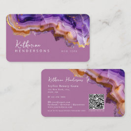 Modern Purple Agate & gold glitter marble QR Code Visitekaartje