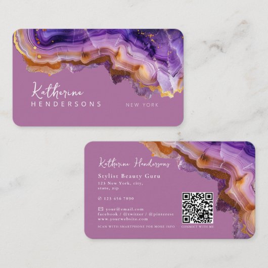 Modern Purple Agate & gold glitter marble QR Code Visitekaartje (Voorkant / Achterkant)