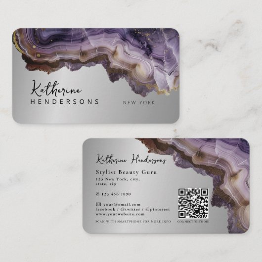 Modern Purple Agate & gold glitter marble QR Code Visitekaartje (Voorkant / Achterkant)
