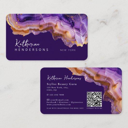 Modern Purple Agate & gold glitter marble QR Code Visitekaartje (Voorkant / Achterkant)