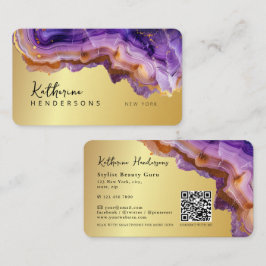 Modern Purple Agate & gold glitter marble QR Code Visitekaartje