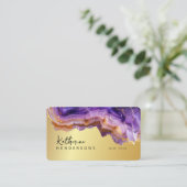 Modern Purple Agate & gold glitter marble QR Code Visitekaartje (Staand voorkant)