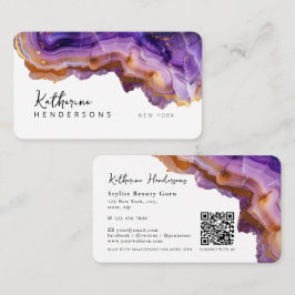 Modern Purple Agate & gold glitter marble QR Code Visitekaartje