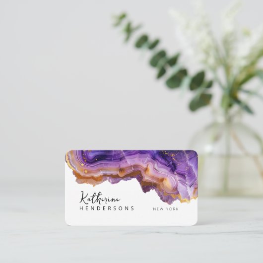 Modern Purple Agate & gold glitter marble QR Code Visitekaartje (Staand voorkant)