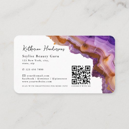 Modern Purple Agate & gold glitter marble QR Code Visitekaartje (Achterkant)
