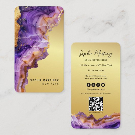 Modern Purple Agate gold marble & QR Code Logo Visitekaartje (Voorkant / Achterkant)