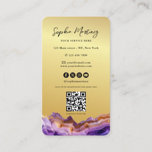 Modern Purple Agate gold marble & QR Code Logo Visitekaartje (Achterkant)
