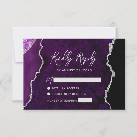 Modern Purple Agate Silver Script Wedding RSVP (Voorkant)