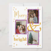 Modern Purple and Gold 3 Photo Merry and Bright Feestdagenkaart (Voorkant)