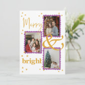 Modern Purple and Gold 3 Photo Merry and Bright Feestdagenkaart (Staand voorkant)