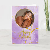 Modern Purple and Gold  Photo & Name Birthday Kaart (Voorkant)