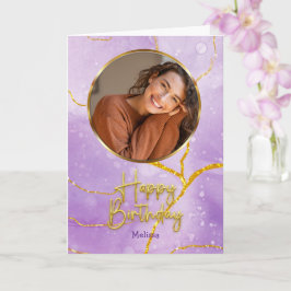 Modern Purple and Gold  Photo & Name Birthday Kaart