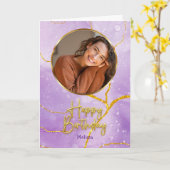 Modern Purple and Gold  Photo & Name Birthday Kaart (Gele Bloem)