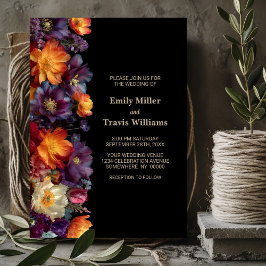 Modern Purple and Orange Floral Black Wedding Kaart