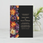 Modern Purple and Orange Floral Black Wedding Kaart (Staand voorkant)