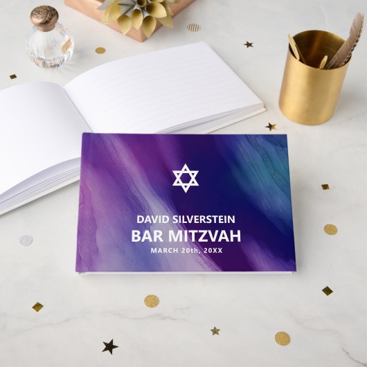 Modern Purple Blue Star David Bar Mitzvah Hebrew Gastenboek (Voorkant open)