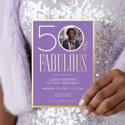 Modern Purple Fifty Fabulous Photo Birthday Folie Uitnodiging