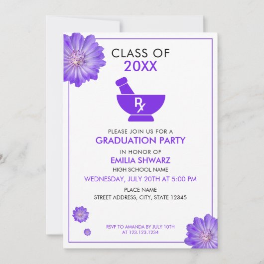 Modern Purple Floral Pharmacist Graduation Party Kaart (Voorkant)