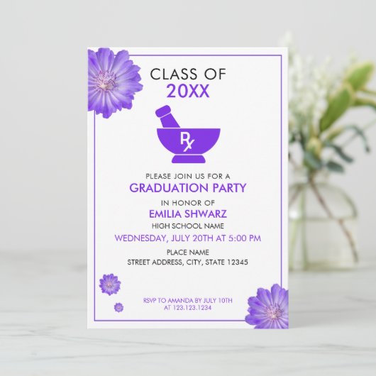 Modern Purple Floral Pharmacist Graduation Party Kaart (Staand voorkant)