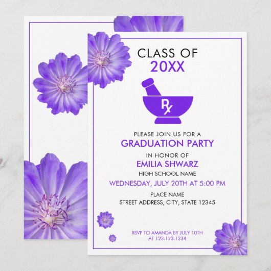 Modern Purple Floral Pharmacist Graduation Party Kaart (Voorkant / Achterkant)