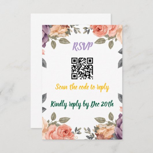 Modern Purple Floral QR Code RSVP | Scan to Reply  Informatiekaartje (Voorkant / Achterkant)